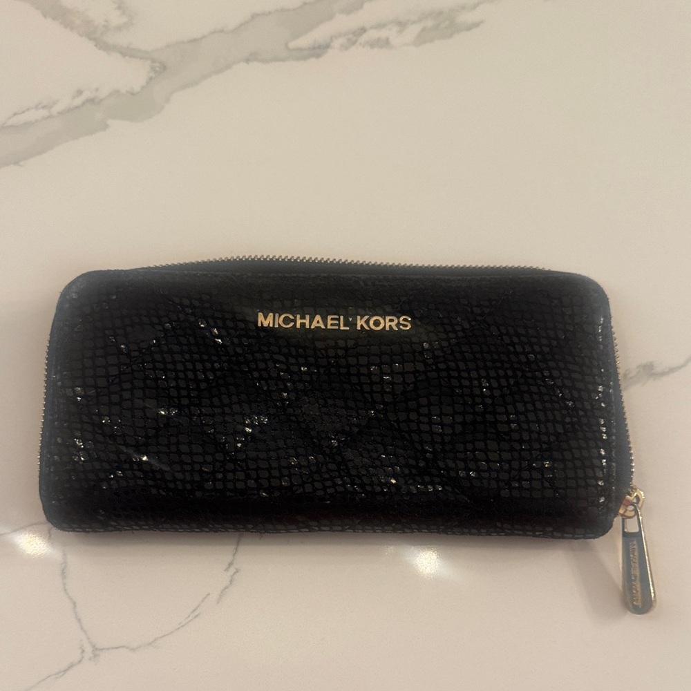 Michael Kors Black Glossy Snake-Embossed Zip Wallet with Gold Logo